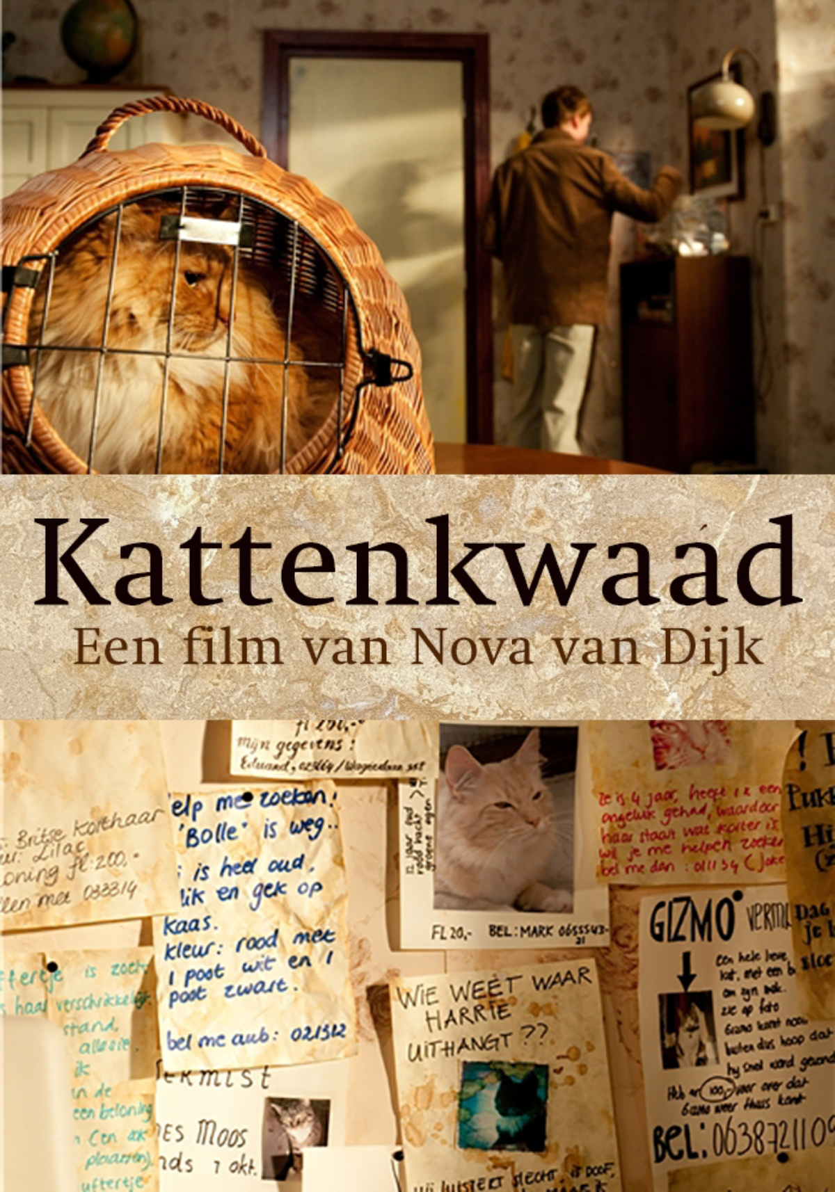 Poster for Kattenkwaad with a cat in a basket and a wall full of missing-cat notices