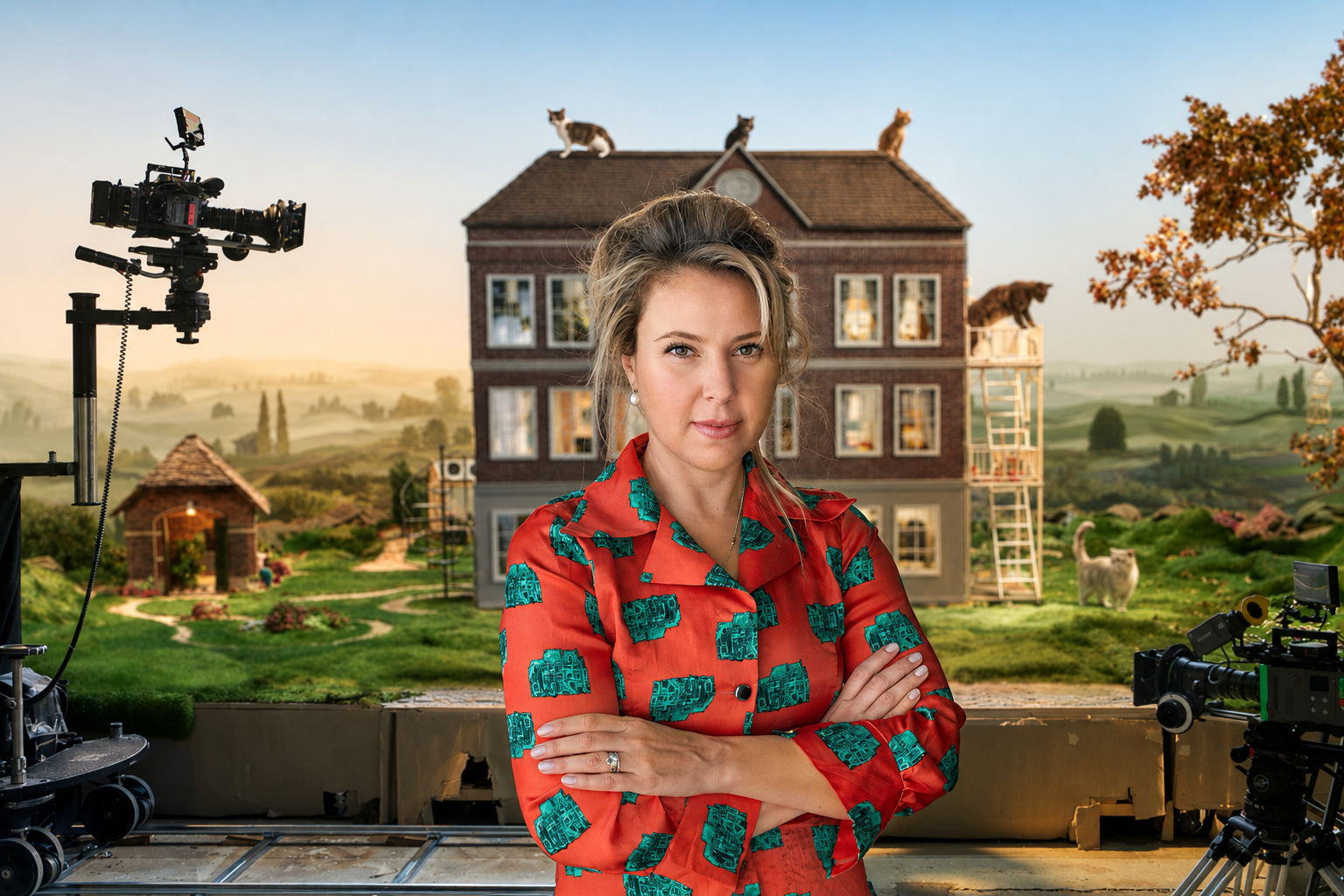 Nova van Dijk in front of the miniature set of Kattenlaan 9, flanked by film cameras